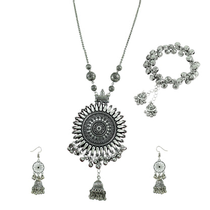 JFL-Jewellery for Less Oxidised Silver Jewellery Set – Necklace, Earrings & Ghungroo Bracelet with Intricate Circular Pendant & Matching Danglers – Jewellery for Women & Girls – Navratri, Garba