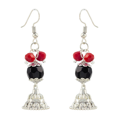JFL - Jewellery for Less Oxidized Silver Afghani Necklace Set with Red & Black Thread Beads – Tribal Boho Jhumka Earrings with Bracelet – Navratri Traditional Jewellery for Women & Girls