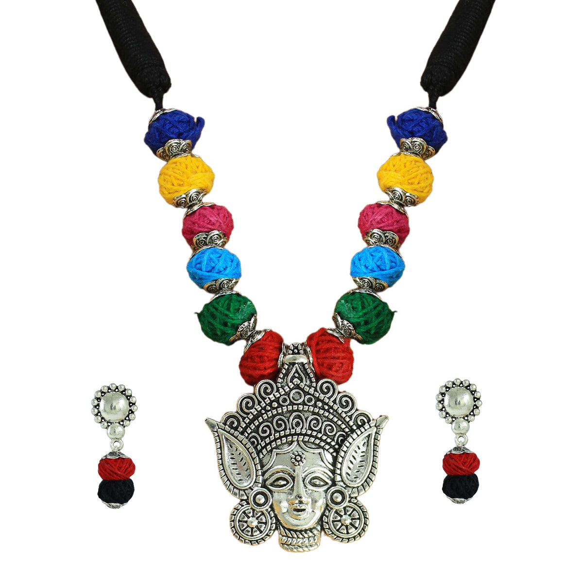 JFL-Jewellery for Less Multicolour Cotton Thread Jewellery Set–Necklace,Earrings with Oxidised Silver Ornate Face Pendant, Matching Beadwork & Dangling Charms––Navratri, Garba