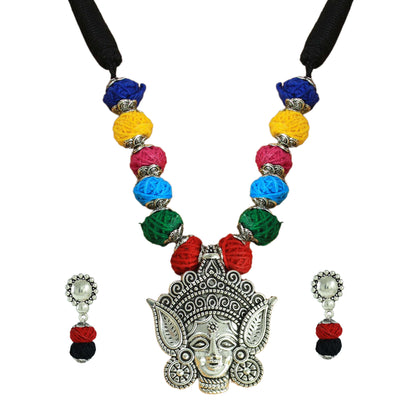 JFL-Jewellery for Less Multicolour Cotton Thread Jewellery Set–Necklace,Earrings with Oxidised Silver Ornate Face Pendant, Matching Beadwork & Dangling Charms––Navratri, Garba