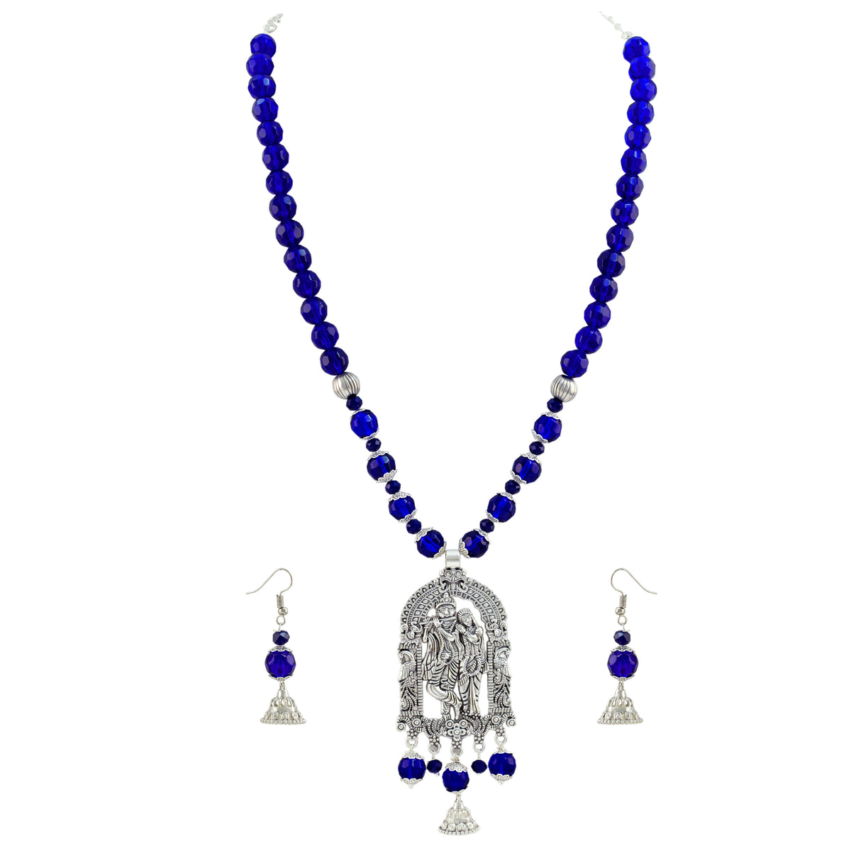 JFL - Jewellery for Less Oxidized German Silver Radha Krishna Pendant Necklace Set with Jhumki Earrings for Women | Royal Blue Beaded Traditional Ethnic Jewellery Set | Navratri Festive
