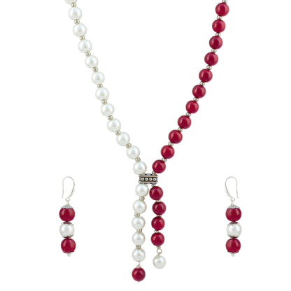 JFL - Jewellery for Less Pearl and Red Bead Asymmetric Necklace Set with Drop Earrings for Women | Oxidized Silver Accent Traditional Ethnic Jewellery | Navratri Festive