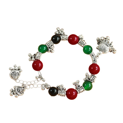 JFL-Jewellery for Less Maroon Green & Black Necklace Earrings Bracelet Set with Oxidised Silver Beads & Jhumka Danglers – Traditional Jewellery for Women & Girls, Navratri, Garba