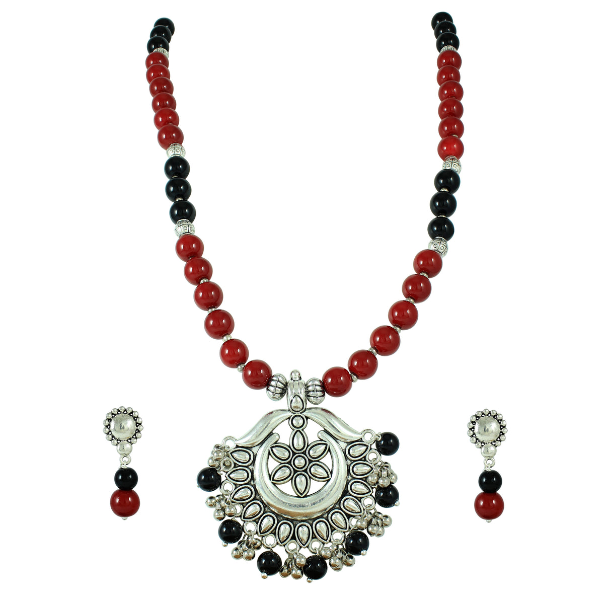 JFL – Jewellery for Less"Oxidised Silver Pendant Set with Maroon-Black Beads | Traditional Necklace & Jhumka Earrings Combo for Women & Girls | Navratri, Garba