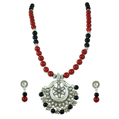 JFL – Jewellery for Less"Oxidised Silver Pendant Set with Maroon-Black Beads | Traditional Necklace & Jhumka Earrings Combo for Women & Girls | Navratri, Garba