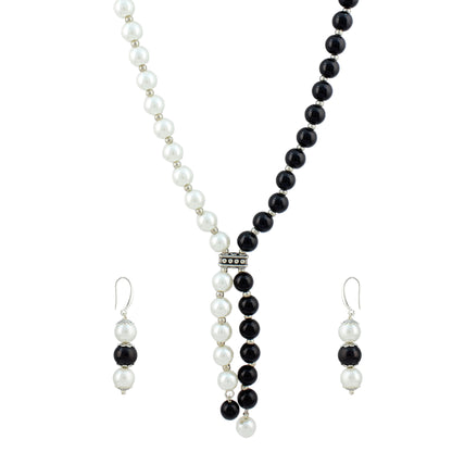 JFL - Jewellery for Less Pearl and Black Bead Asymmetric Necklace Set with Drop Earrings for Women | Oxidized Silver Accent Traditional Ethnic Jewellery | Navratri Festive
