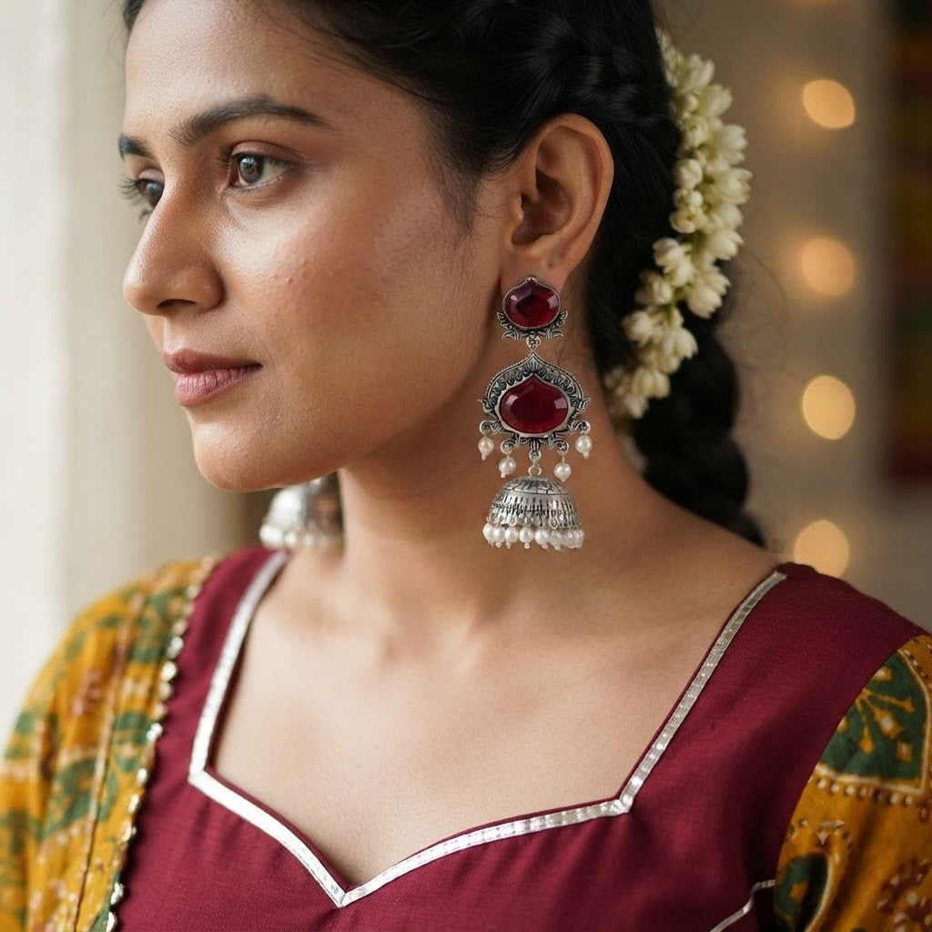 JFL - Jewellery for Less Oxidized Silver-Toned Jhumka Earrings with Maroon Stone and Pearl Drops – Traditional Ethnic Jewellery for Women