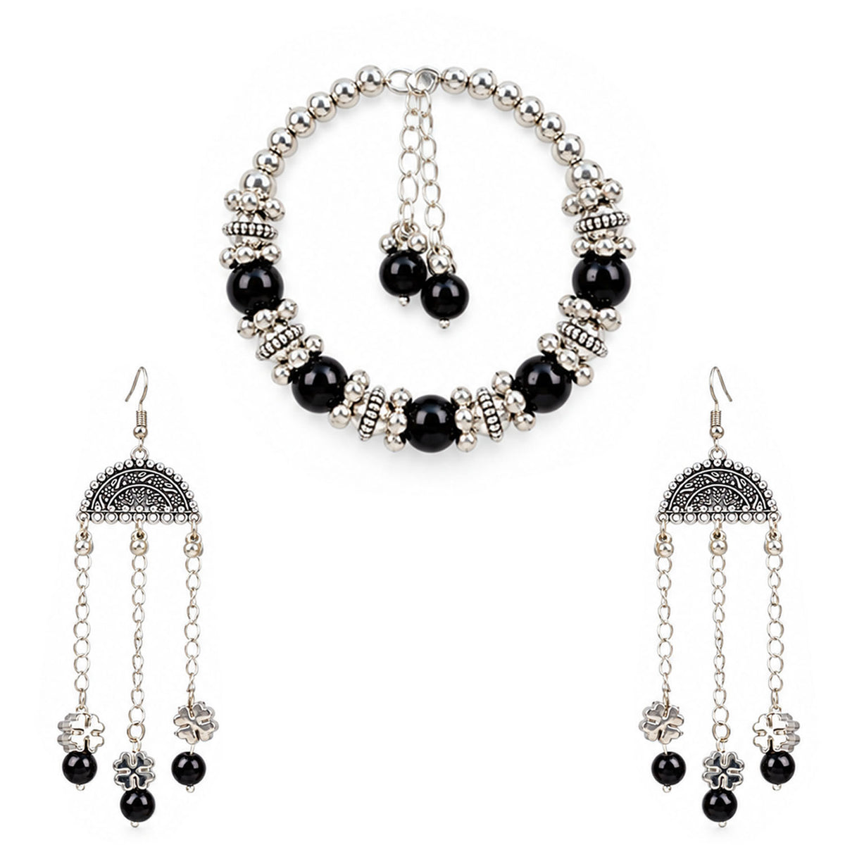 Oxidized German Silver Black Beaded Necklace, Bracelet & Dangle Earrings Set – 3-Piece Ethnic Wire Collar Jewellery Set for Women, Navratri Special