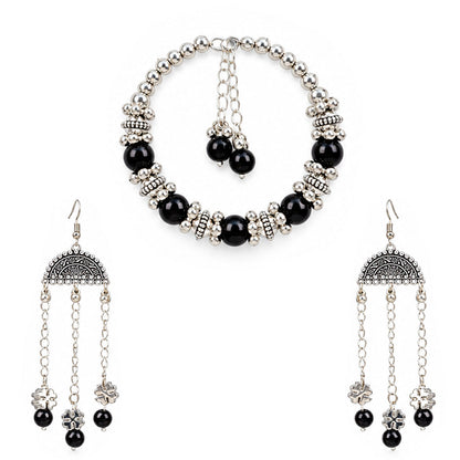 Oxidized German Silver Black Beaded Necklace, Bracelet & Dangle Earrings Set – 3-Piece Ethnic Wire Collar Jewellery Set for Women, Navratri Special