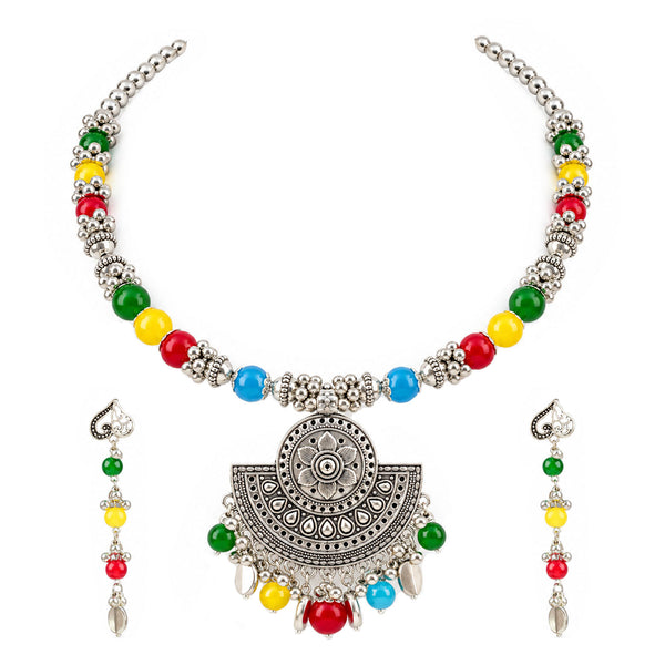 Oxidized German Silver Multicolor Beaded Necklace, Bracelet & Earrings Set – Floral Pendant Ethnic Wire Collar Jewellery Set for Women, Navratri Special