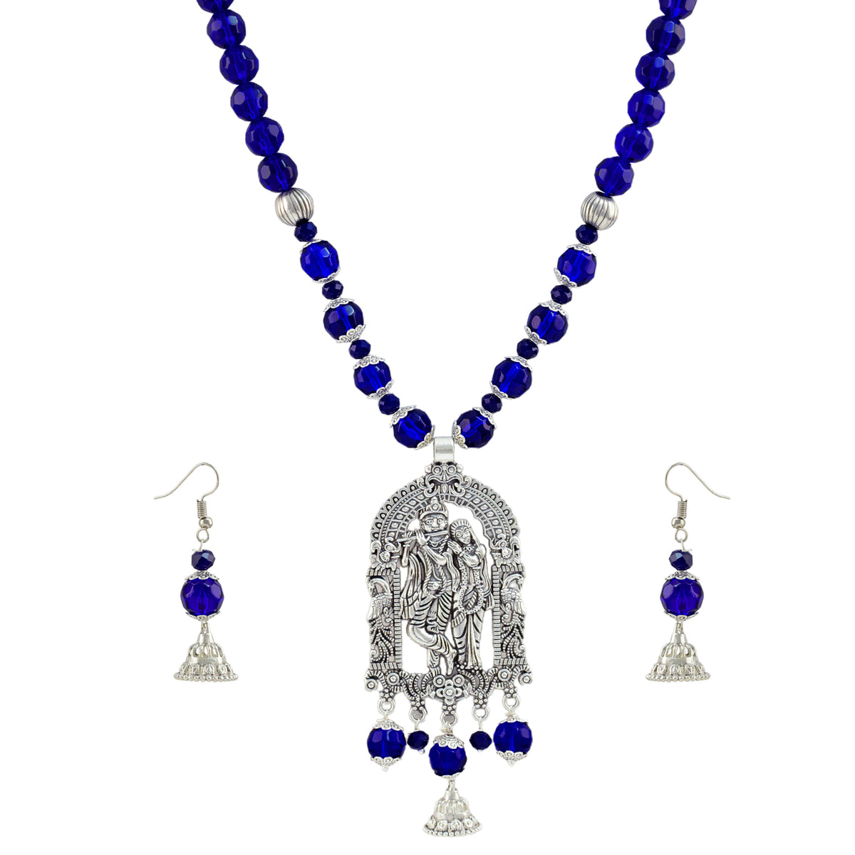 JFL - Jewellery for Less Oxidized German Silver Radha Krishna Pendant Necklace Set and Jhumki Earrings with Bracelet for Women | Royal Blue Beaded Traditional Ethnic Jewellery Set | Navratri Festive