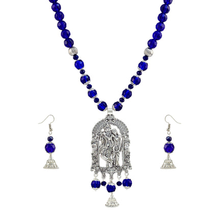 JFL - Jewellery for Less Oxidized German Silver Radha Krishna Pendant Necklace Set and Jhumki Earrings with Bracelet for Women | Royal Blue Beaded Traditional Ethnic Jewellery Set | Navratri Festive