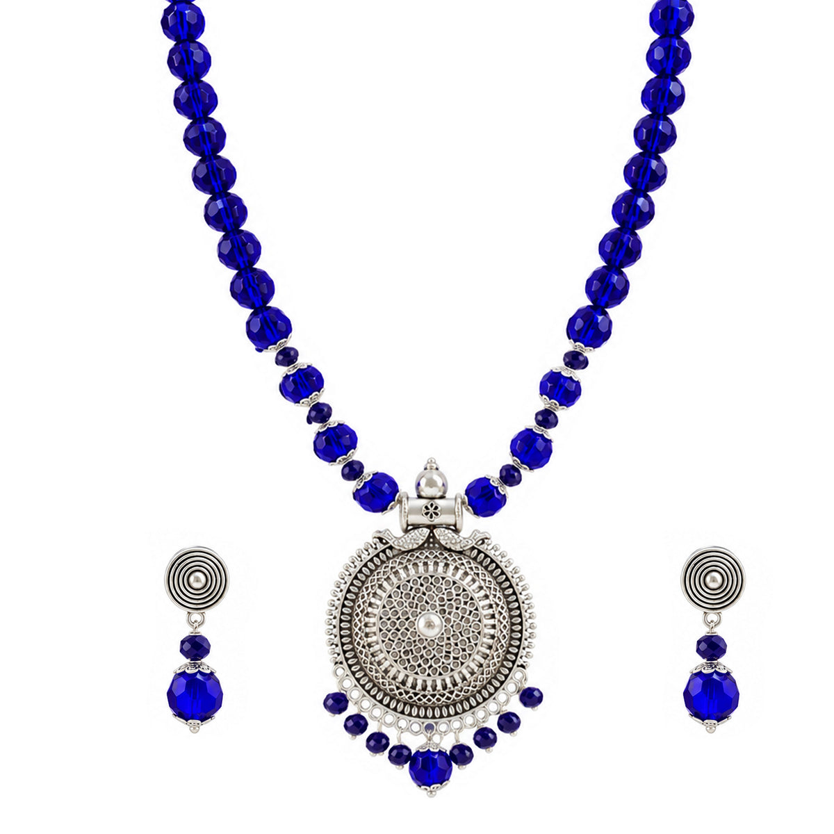JFL - Jewellery for Less Oxidized German Silver Round Pendant Royal Blue Beads Necklace and Earrings with Bracelet Set for Women | Antique Silver Filigree Design Jewellery Set | Navratri Special Traditional Jewellery