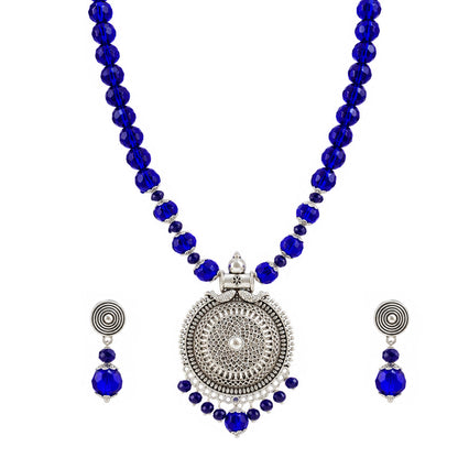 JFL - Jewellery for Less Oxidized German Silver Round Pendant Royal Blue Beads Necklace with Earrings Set for Women | Antique Silver Filigree Design Jewellery Set | Navratri Special Traditional Jewellery