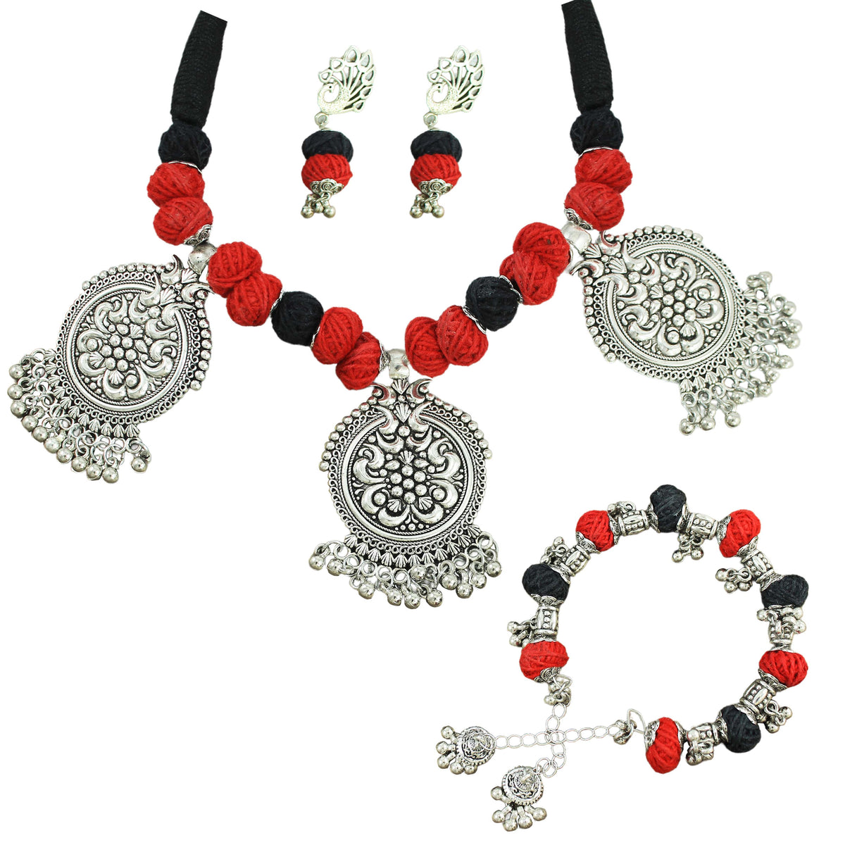 JFL‑Jewellery for Less Red & Black Thread Beaded Jewellery Set – Necklace, Earrings & Bracelet with Oxidised Silver Circular Floral Pendants & Dangling Charms– Women & Girls – Navratri, Garba