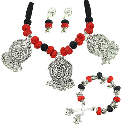 JFL‑Jewellery for Less Red & Black Thread Beaded Jewellery Set – Necklace, Earrings & Bracelet with Oxidised Silver Circular Floral Pendants & Dangling Charms– Women & Girls – Navratri, Garba