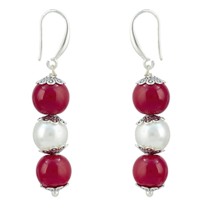 JFL - Jewellery for Less Pearl and Red Bead Asymmetric Necklace Set with Drop Earrings for Women | Oxidized Silver Accent Traditional Ethnic Jewellery | Navratri Festive