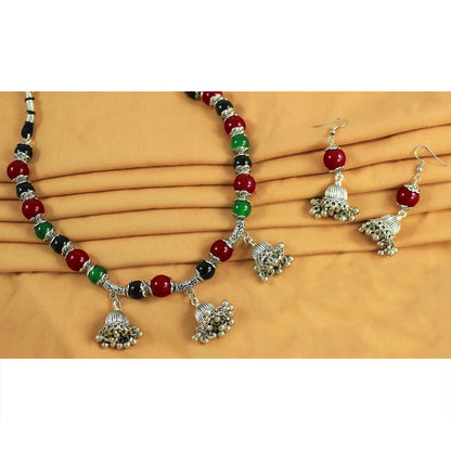 JFL-Jewellery for Less Maroon Green & Black Necklace Earrings Bracelet Set with Oxidised Silver Beads & Jhumka Danglers – Traditional Jewellery for Women & Girls, Navratri, Garba