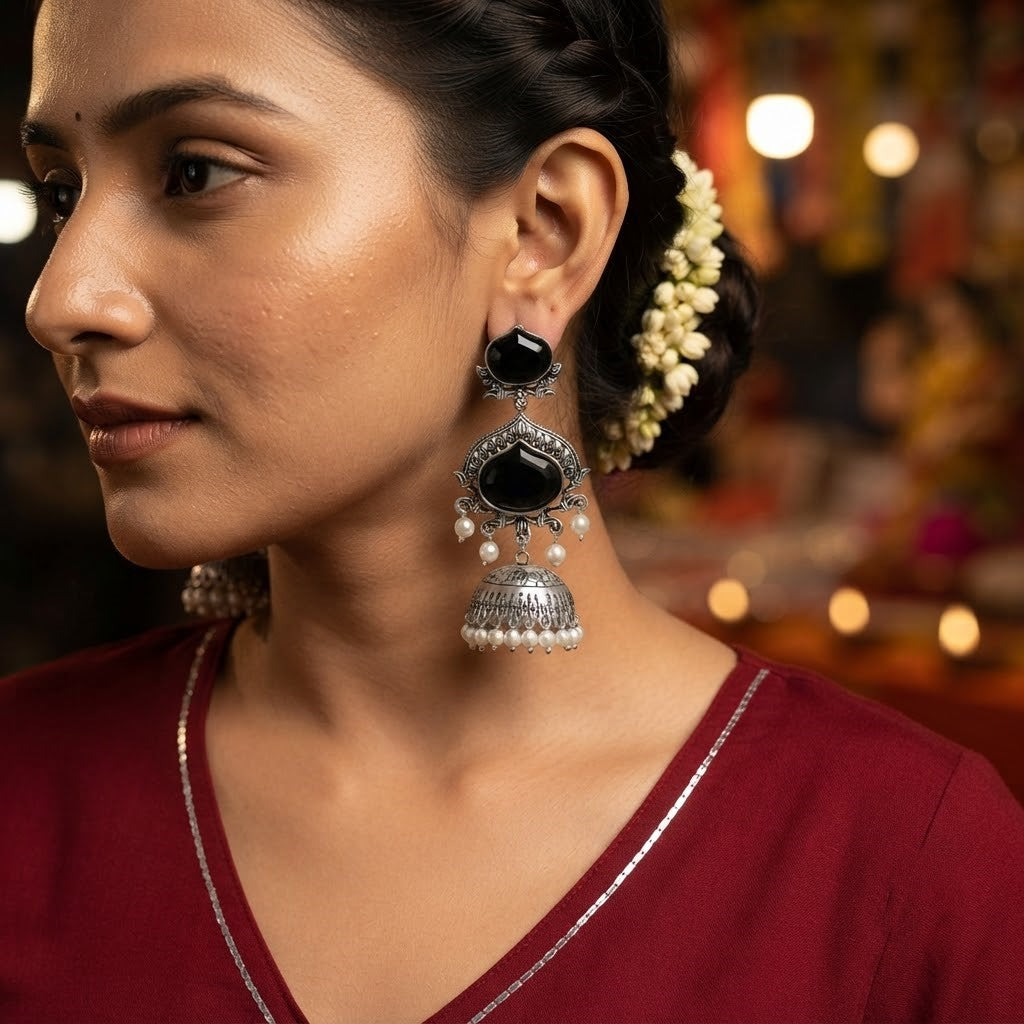 JFL - Jewellery for Less Oxidized Silver-Toned Jhumka Earrings with Black Stone and Pearl Drops – Traditional Ethnic Jewellery for Women