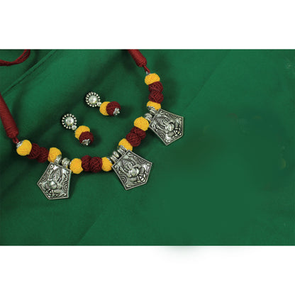 JFL‑Jewellery for Less Maroon & Yellow Cotton Thread Jewellery Set – Necklace, Earrings & Bracelet with Oxidised Silver Lord Ganesha Pendant– Jewellery for Women & Girls – Navratri,Garba