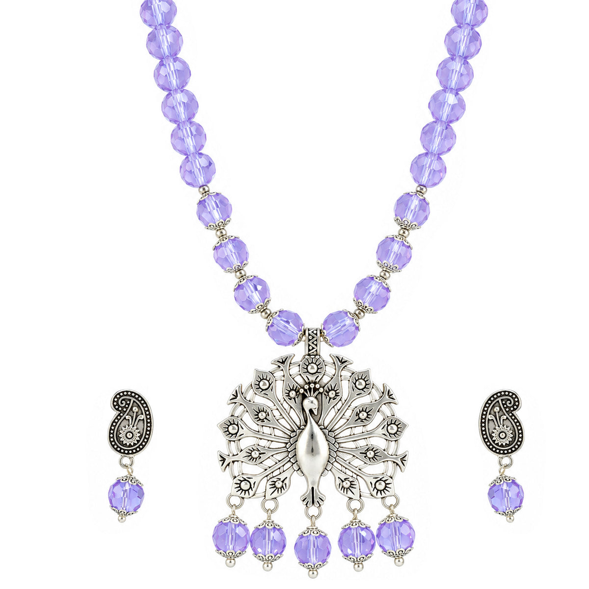 JFL - Jewellery for Less Oxidized German Silver Peacock Pendant Purple Crystal Beads Necklace with Earrings Set for Women | Antique Silver Design Jewellery Set | Navratri Special Traditional Jewellery