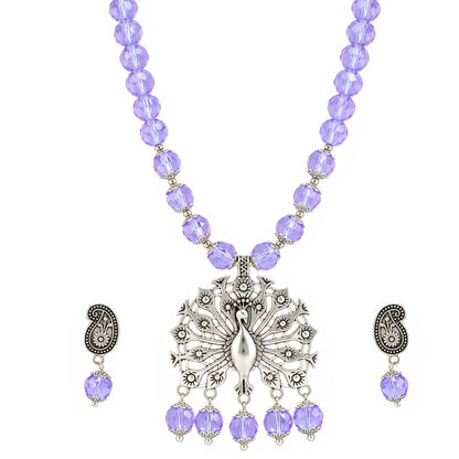 JFL - Jewellery for Less Oxidized German Silver Peacock Pendant Purple Crystal Beads Necklace with Earrings Set for Women | Antique Silver Design Jewellery Set | Navratri Special Traditional Jewellery