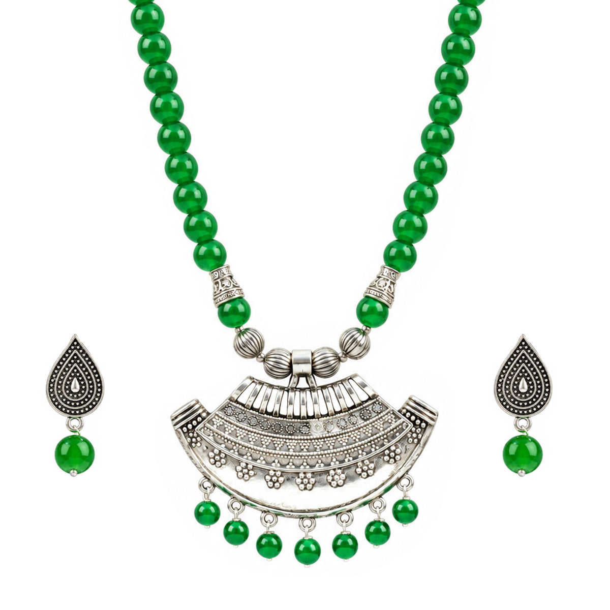 Oxidized German Silver Half Moon Pendant Necklace with Green Beads and Matching Earrings – Navratri Special Traditional Jewellery Set for Women
