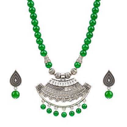 Oxidized German Silver Half Moon Pendant Necklace with Green Beads and Matching Earrings – Navratri Special Traditional Jewellery Set for Women