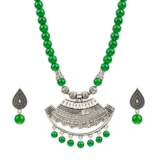 Oxidized German Silver Half Moon Pendant Necklace with Green Beads and Matching Earrings – Navratri Special Traditional Jewellery Set for Women