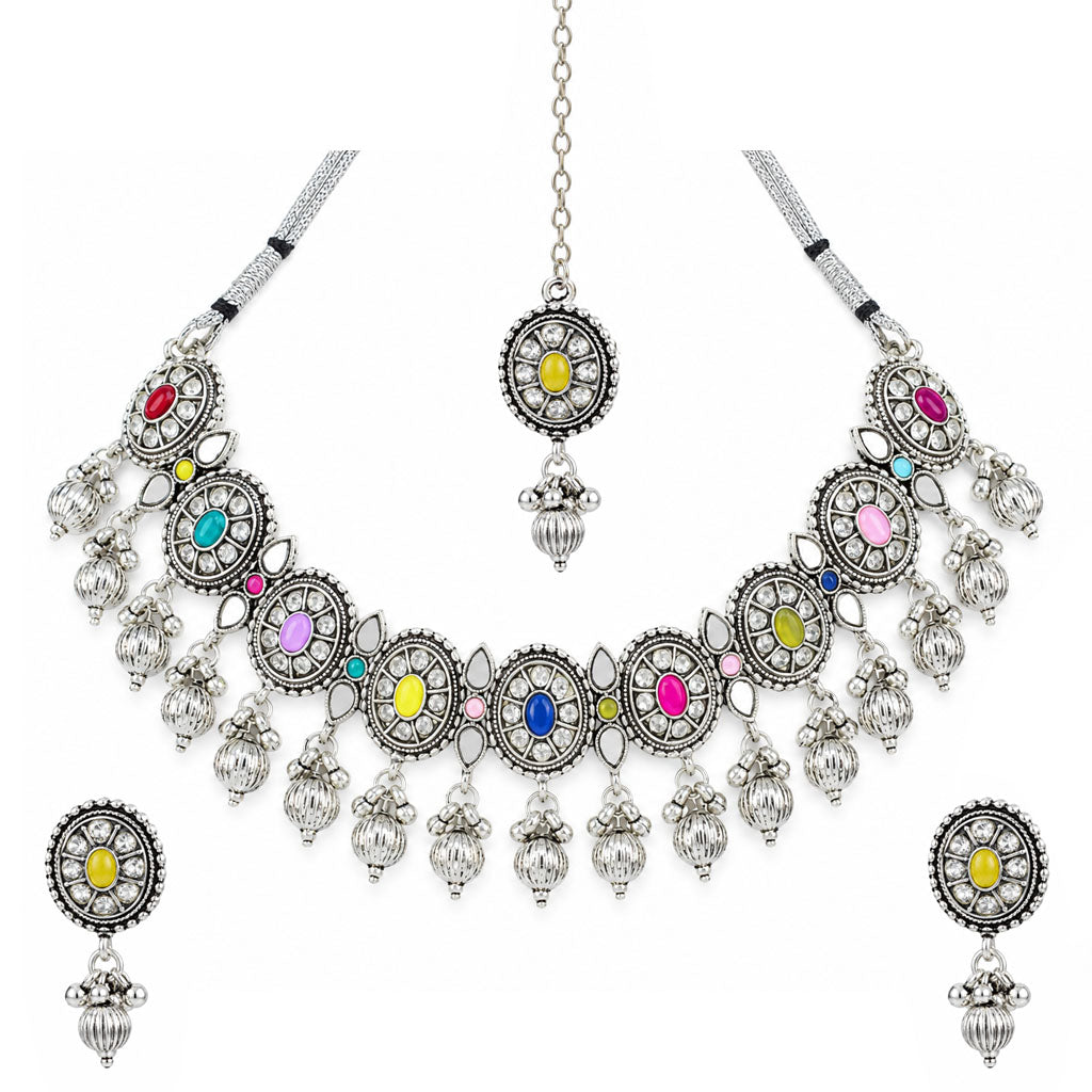 JFL - Jewellery for Less Oxidized German Silver Necklace Set with Earrings – Round Motif Multicolor Stone Choker Jewellery Set for Women & Girls, Traditional Ethnic Antique Silver Combo