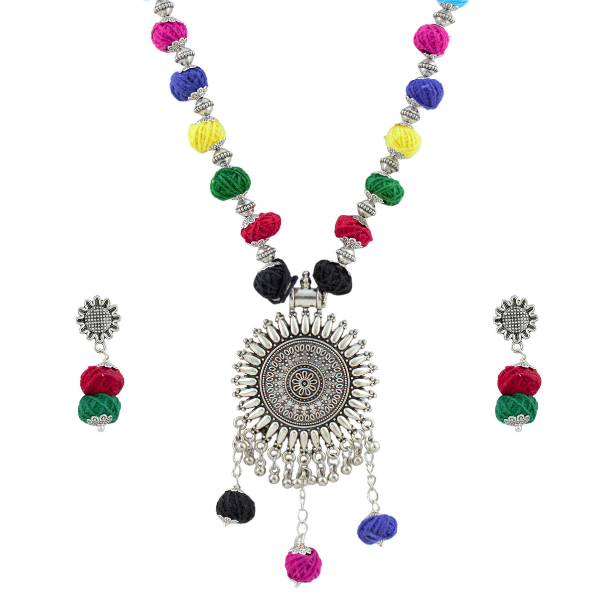 JFL - Jewellery for Less Oxidized German Silver Sun Pendant Multicolor Thread Beads Necklace with Earrings Set for Women | Handmade Cotton Thread Jewellery with Adjustable Black Dori | Navratri Special Tribal Jewellery