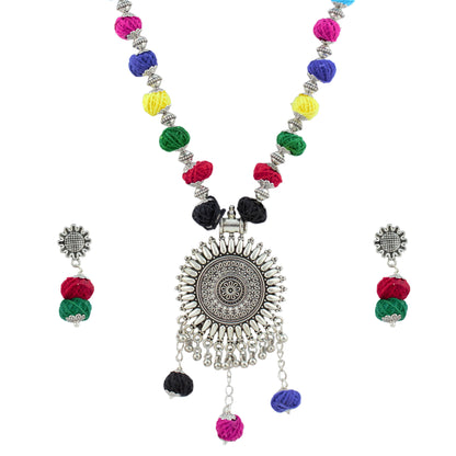 JFL - Jewellery for Less Oxidized German Silver Sun Pendant Multicolor Thread Beads Necklace with Earrings Set for Women | Handmade Cotton Thread Jewellery with Adjustable Black Dori | Navratri Special Tribal Jewellery