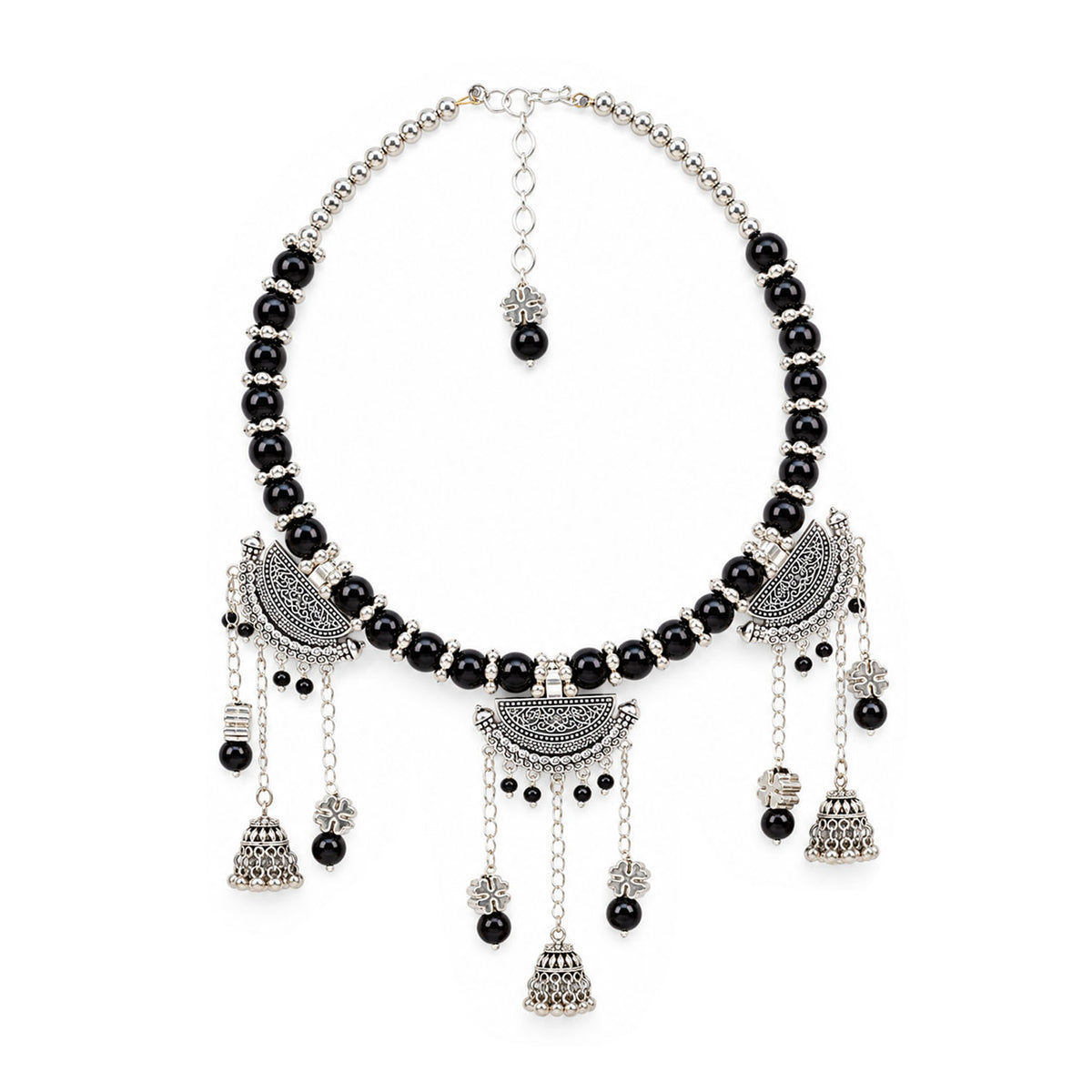 Oxidized German Silver Black Beaded Necklace, Bracelet & Dangle Earrings Set – 3-Piece Ethnic Wire Collar Jewellery Set for Women, Navratri Special