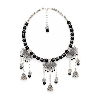 Oxidized German Silver Black Beaded Necklace, Bracelet & Dangle Earrings Set – 3-Piece Ethnic Wire Collar Jewellery Set for Women, Navratri Special