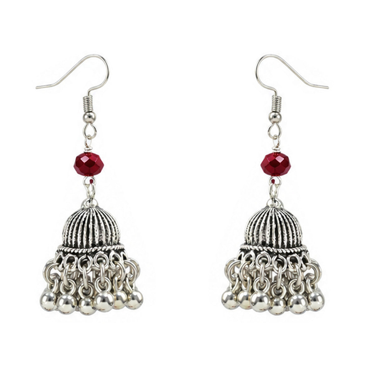 JFL - Jewellery for Less Maroon Beaded Double Layer Necklace Set with Oxidized Peacock Pendant & Matching Jhumkas with Bracelet – Ethnic Jewellery Set for Women