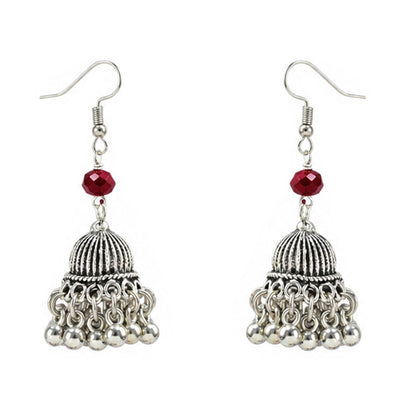 JFL - Jewellery for Less Maroon Beaded Double Layer Necklace Set with Oxidized Peacock Pendant & Matching Jhumkas – Ethnic Jewellery Set for Women