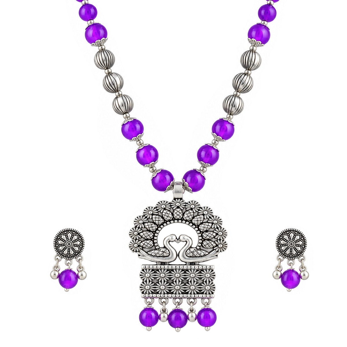 JFL - Jewellery for Less Oxidized German Silver Purple Beads Peacock Pendant Necklace and Earrings with Bracelet Set for Women | Antique Silver Floral Design Jewellery Set | Navratri Special Traditional Jewellery