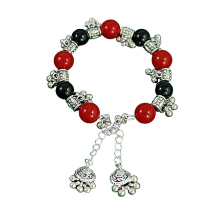 JFL – Jewellery for Less"Oxidised Silver Pendant Set with Maroon-Black Beads | Traditional Necklace, Bracelet & Earrings Combo for Women & Girls | Navratri, Garba