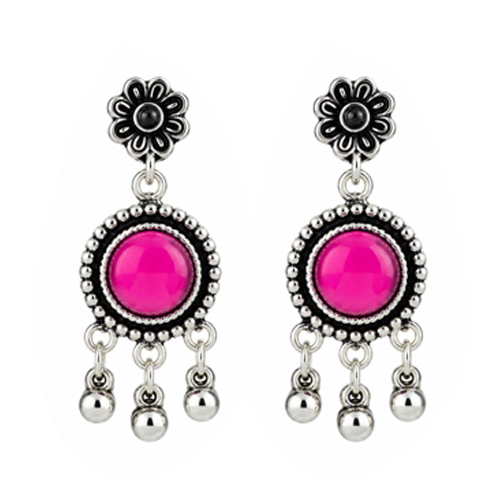 JFL - Jewellery for Less Oxidized German Silver Necklace Set with Earrings – Round Colorful Stone Choker Jewellery Set for Women & Girls, Traditional Ethnic Antique Silver Combo