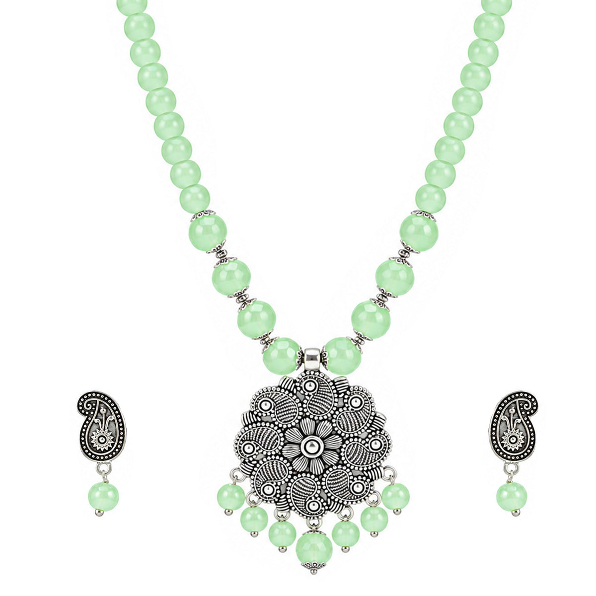 JFL - Jewellery for Less Oxidized Silver Floral Pendant Green Beaded Necklace Earrings with Bracelet Set – Paisley Design Jewellery Set for Women & Girls