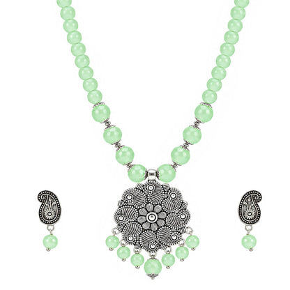 JFL - Jewellery for Less Oxidized Silver Floral Pendant Green Beaded Necklace Earrings with Bracelet Set – Paisley Design Jewellery Set for Women & Girls