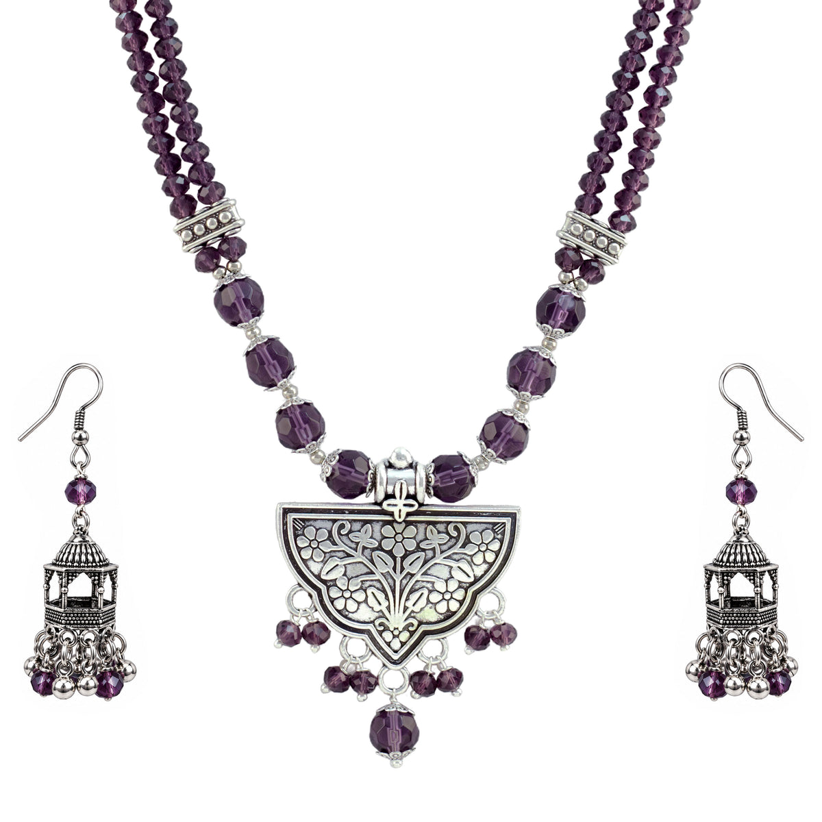 JFL - Jewellery for Less Navratri Wine Crystal Beaded Necklace Earring with Bracelet Set for Women | Oxidized German Silver Floral Pendant | Traditional Ethnic Jewellery for Festive & Wedding