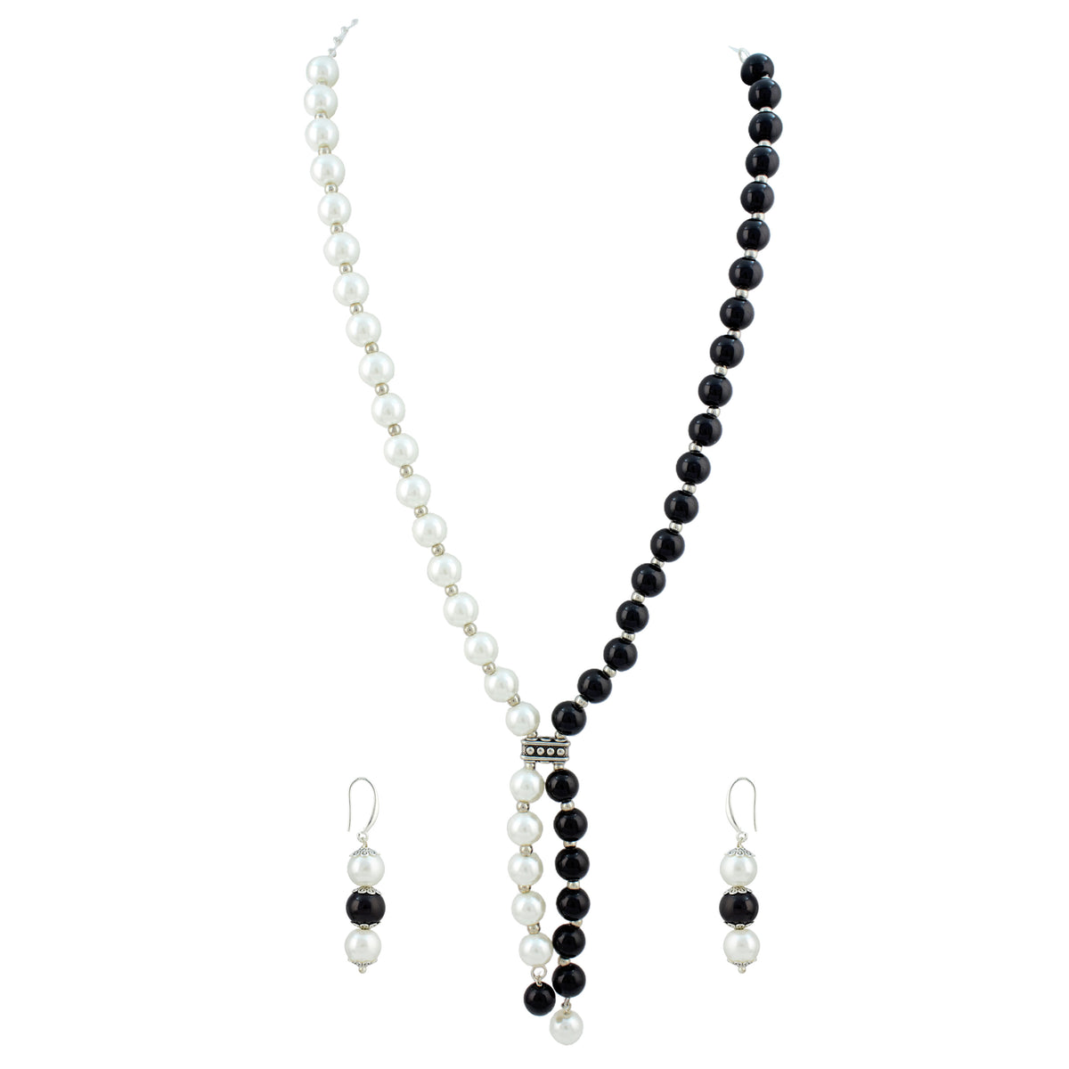 JFL - Jewellery for Less Pearl and Black Bead Asymmetric Necklace Set with Drop Earrings for Women | Oxidized Silver Accent Traditional Ethnic Jewellery | Navratri Festive