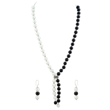 JFL - Jewellery for Less Pearl and Black Bead Asymmetric Necklace Set with Drop Earrings for Women | Oxidized Silver Accent Traditional Ethnic Jewellery | Navratri Festive