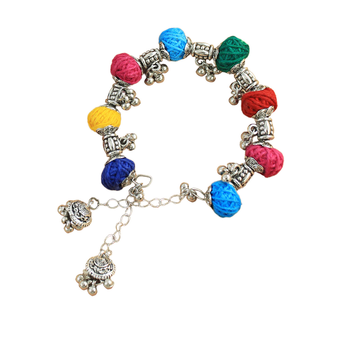 JFL-Jewellery for Less Multicolour Cotton Thread Jewellery Set – Necklace,Earrings & Bracelet with Oxidised Silver Ornate Pendant, Matching Beadwork & Dangling Charms – Navratri, Garba
