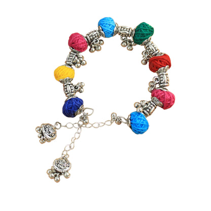 JFL-Jewellery for Less Multicolour Cotton Thread Jewellery Set – Necklace,Earrings & Bracelet with Oxidised Silver Ornate Pendant, Matching Beadwork & Dangling Charms – Navratri, Garba