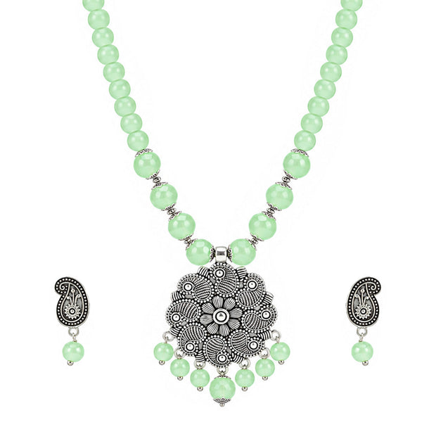 JFL - Jewellery for Less Oxidized Silver Floral Pendant Green Beaded Necklace Earrings with Bracelet Set – Paisley Design Jewellery Set for Women & Girls