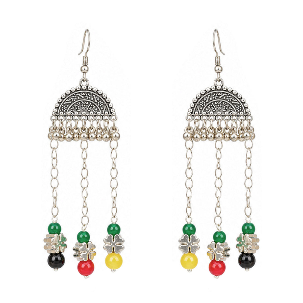 Oxidized German Silver Multicolor Beaded Necklace & Dangle Earrings , Bracelet Set – Ethnic Wire Collar Jewellery Set for Women, Navratri Special