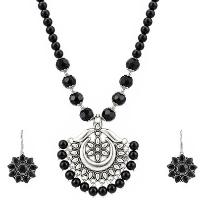 JFL - Jewellery for Less Oxidized German Silver Black Beads Pendant Necklace with Earrings Set for Women | Antique Silver Floral Design Jewellery Set | Navratri Special Traditional Jewellery