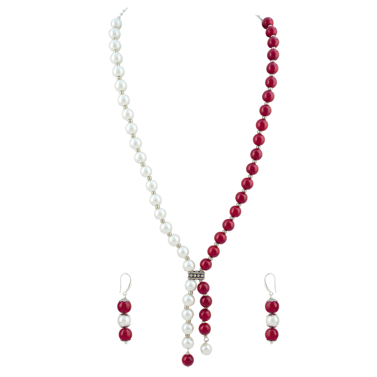 JFL - Jewellery for Less Pearl and Red Bead Asymmetric Necklace Set with Drop Earrings for Women | Oxidized Silver Accent Traditional Ethnic Jewellery | Navratri Festive